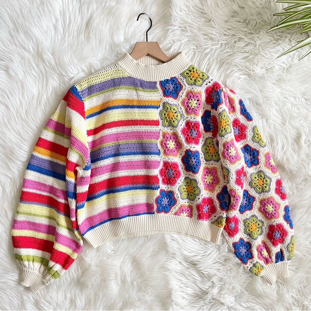 FARM Rio Rainbow Handmade Crochet Sweater Multicolor Mock Neck Women's Large NWT - Picture 9 of 16